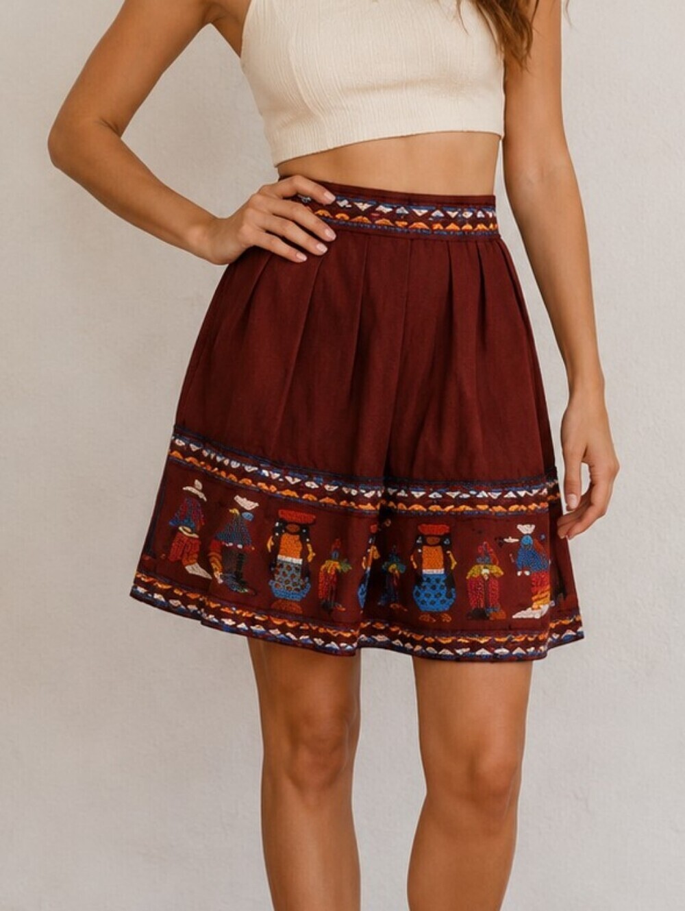 Vintage Guatemalan Oxblood Embroidered Pockets Folk Half Apron
